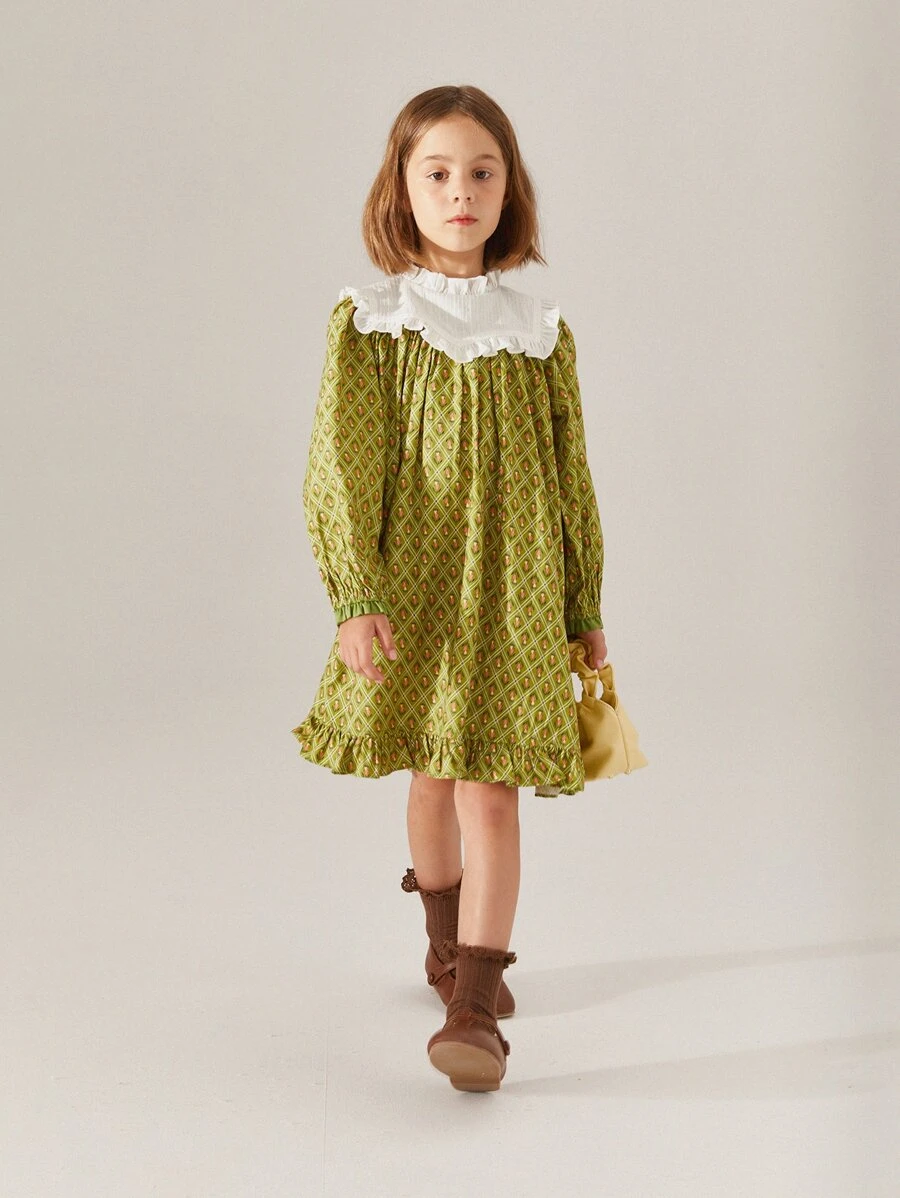 Toddler Girls Allover Print Contrast Yoke Ruffle Hem Dress