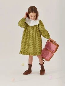 Toddler Girls Allover Print Contrast Yoke Ruffle Hem Dress