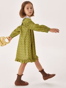 Toddler Girls Allover Print Contrast Yoke Ruffle Hem Dress