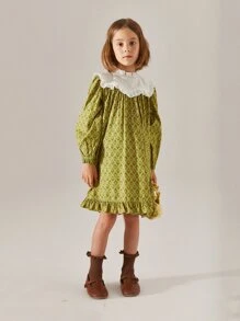 Toddler Girls Allover Print Contrast Yoke Ruffle Hem Dress