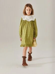 Toddler Girls Allover Print Contrast Yoke Ruffle Hem Dress