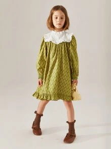 Toddler Girls Allover Print Contrast Yoke Ruffle Hem Dress