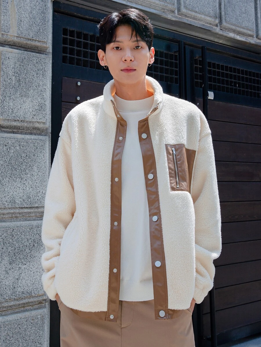 Manfinity Men Contrast PU Leather Drop Shoulder Fleece Jacket - Beige - View 1