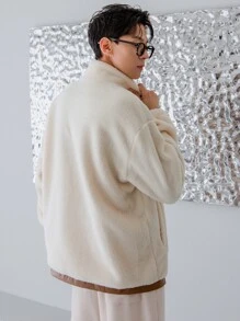 Manfinity Men Contrast PU Leather Drop Shoulder Fleece Jacket - Beige - View 2