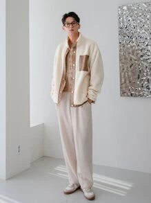 Manfinity Men Contrast PU Leather Drop Shoulder Fleece Jacket - Beige - View 4