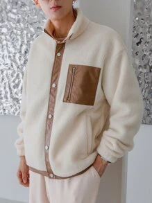 Manfinity Men Contrast PU Leather Drop Shoulder Fleece Jacket - Beige - View 5