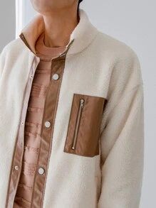 Manfinity Men Contrast PU Leather Drop Shoulder Fleece Jacket - Beige - View 6