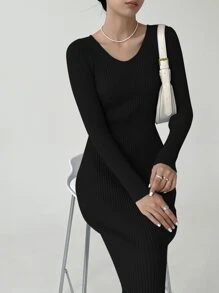 DAZY Vestido de punto de cuello V tejido de canalé - Negro - Ver 1