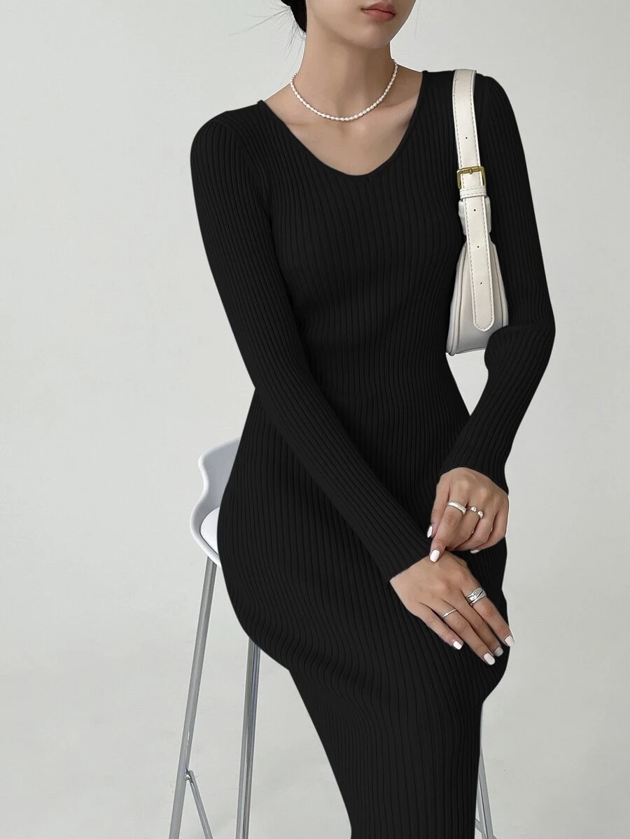 DAZY Vestido de punto de cuello V tejido de canalé - Negro - Ver 1