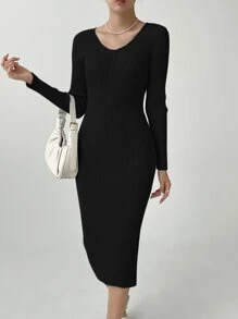 DAZY Vestido de punto de cuello V tejido de canalé - Negro - Ver 2