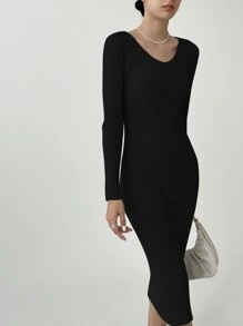 DAZY Vestido de punto de cuello V tejido de canalé - Negro - Ver 3