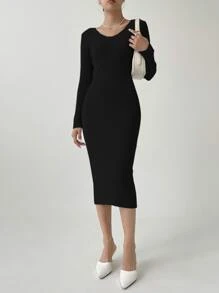 DAZY Vestido de punto de cuello V tejido de canalé - Negro - Ver 5