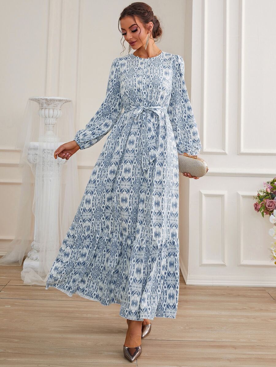 Seusyu Allover Print Bishop Sleeve Ruffle Hem Belted Dress - Blue and White - View 1