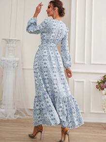 Seusyu Allover Print Bishop Sleeve Ruffle Hem Belted Dress - Blue and White - View 2
