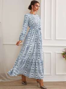 Seusyu Allover Print Bishop Sleeve Ruffle Hem Belted Dress - Blue and White - View 3
