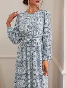 Seusyu Allover Print Bishop Sleeve Ruffle Hem Belted Dress - Blue and White - View 5