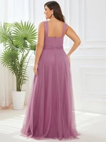 Plus Surplice Neck Low Back Belted Mesh Prom Dress - Dusty Pink - View 2