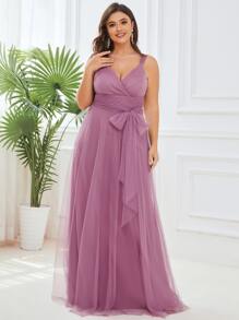 Plus Surplice Neck Low Back Belted Mesh Prom Dress - Dusty Pink - View 3