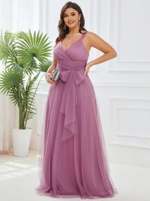 Plus Surplice Neck Low Back Belted Mesh Prom Dress - Dusty Pink - View 4