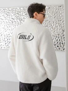 Manfinity Men Letter Embroidery Raglan Sleeve Teddy Jacket - White - View 2