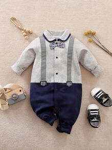 Yierying Baby Boy Bow Front Tape Panel Jumpsuit