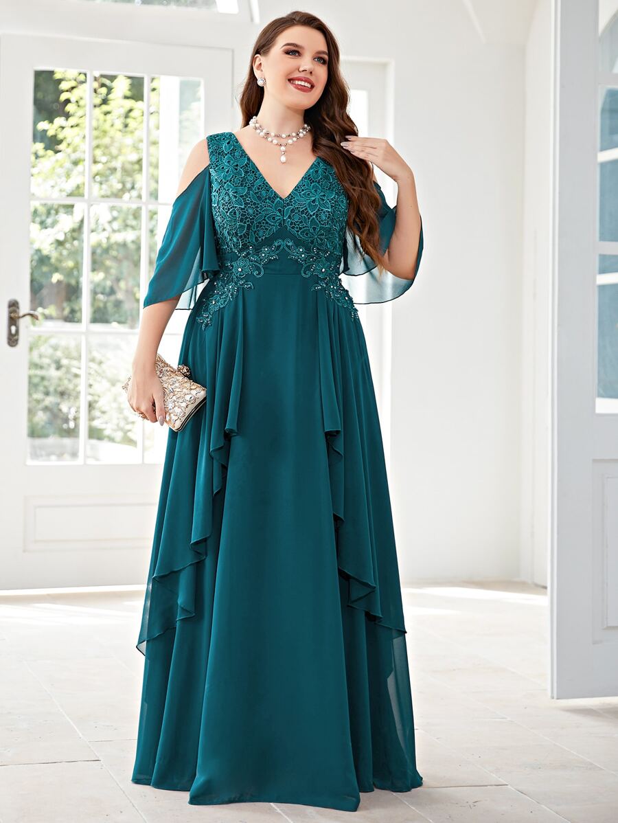 SHEIN Belle Plus Appliques Cold Shoulder Draped Chiffon Dress - Teal Blue - View 1