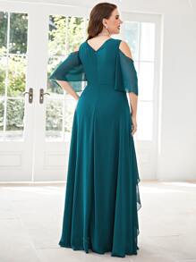 SHEIN Belle Plus Appliques Cold Shoulder Draped Chiffon Dress - Teal Blue - View 3