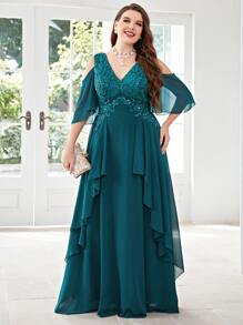 SHEIN Belle Plus Appliques Cold Shoulder Draped Chiffon Dress - Teal Blue - View 5