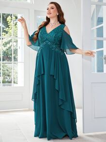 SHEIN Belle Plus Appliques Cold Shoulder Draped Chiffon Dress - Teal Blue - View 6