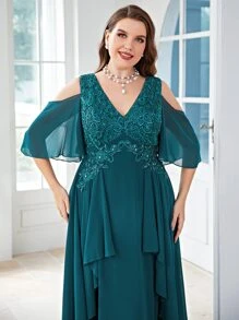 SHEIN Belle Plus Appliques Cold Shoulder Draped Chiffon Dress - Teal Blue - View 2