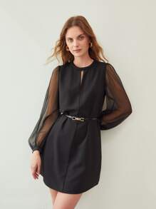 MOTF PREMIUM MESH SLEEVE SHIFT DRESS WITHOUT BELT - Black - View 2