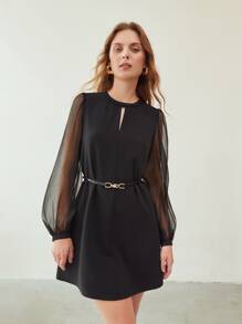 MOTF PREMIUM MESH SLEEVE SHIFT DRESS WITHOUT BELT - Black - View 9