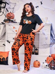 大碼萬聖節南瓜&幽靈圖案睡衣套裝 - 彩色 - 查看 4