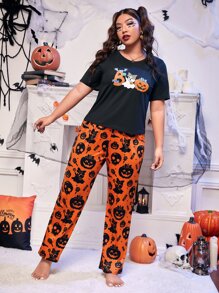 大碼萬聖節南瓜&幽靈圖案睡衣套裝 - 彩色 - 查看 1