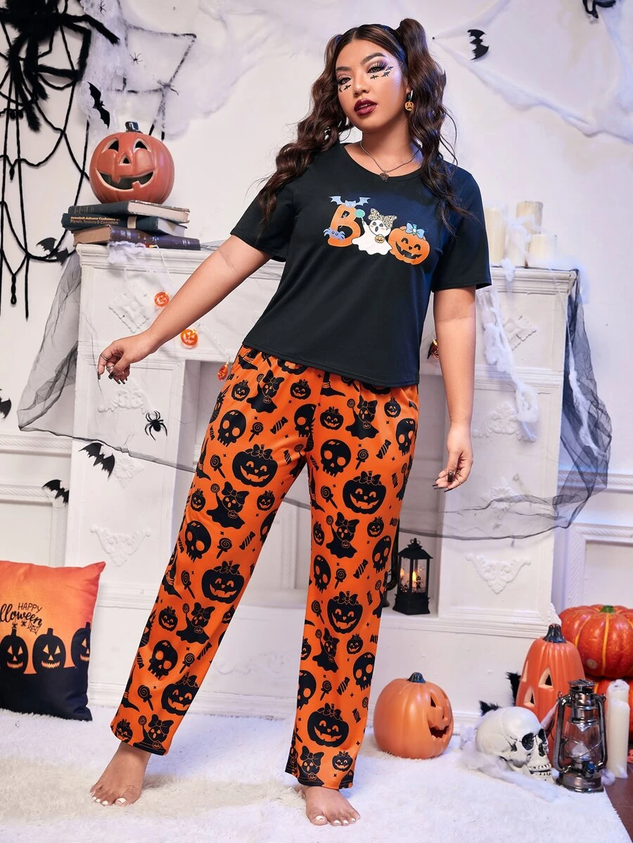 大碼萬聖節南瓜&幽靈圖案睡衣套裝 - 彩色 - 查看 1