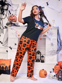 大碼萬聖節南瓜&幽靈圖案睡衣套裝 - 彩色 - 查看 5