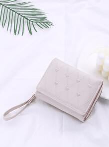 女士时尚短款拉链钱包，采用心形缝线设计 - 米色 - 查看 3