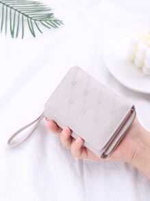 女士时尚短款拉链钱包，采用心形缝线设计 - 米色 - 查看 1