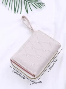 女士时尚短款拉链钱包，采用心形缝线设计 - 米色 - 查看 2