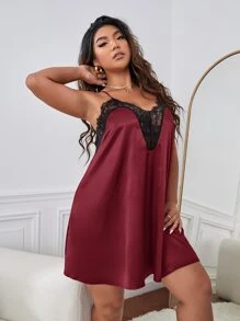 大碼拼接蕾絲緞面吊帶睡裙