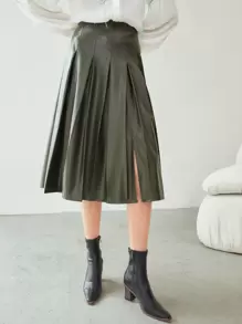 MOTF PREMIUM PU LEATHER PLEATED SKIRT - Dark Green - View 2