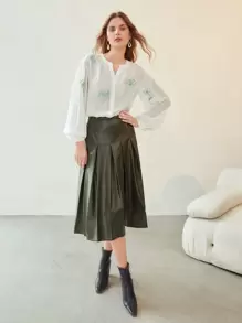 MOTF PREMIUM PU LEATHER PLEATED SKIRT - Dark Green - View 7