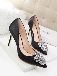 Rhinestone Decor Satin Stiletto Court Heels - Black - View 1