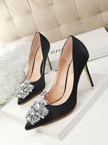 Rhinestone Decor Satin Stiletto Court Heels - Black - View 2