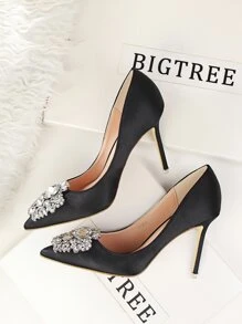 Rhinestone Decor Satin Stiletto Court Heels - Black - View 4