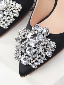 Rhinestone Decor Satin Stiletto Court Heels - Black - View 5