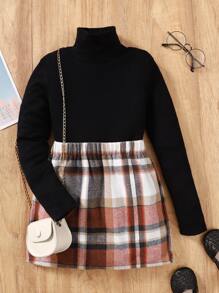 Girls High Neck Tee & Plaid Skirt Without Bag - Multicolor - View 1