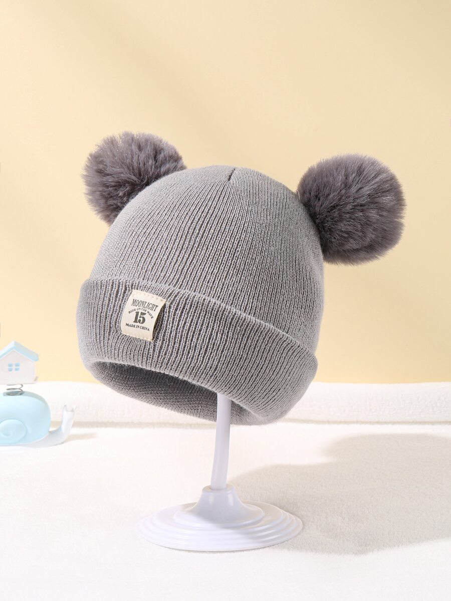 1入組嬰兒冬天針織豆豆帽帽帶毛球和貼布裝飾用品