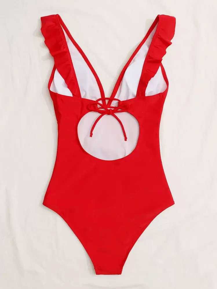 SHEIN Swim Summer Beach Ruffle Trim Cut Out Tie Back Ruched One Piece Swimsuit - Red - View 2