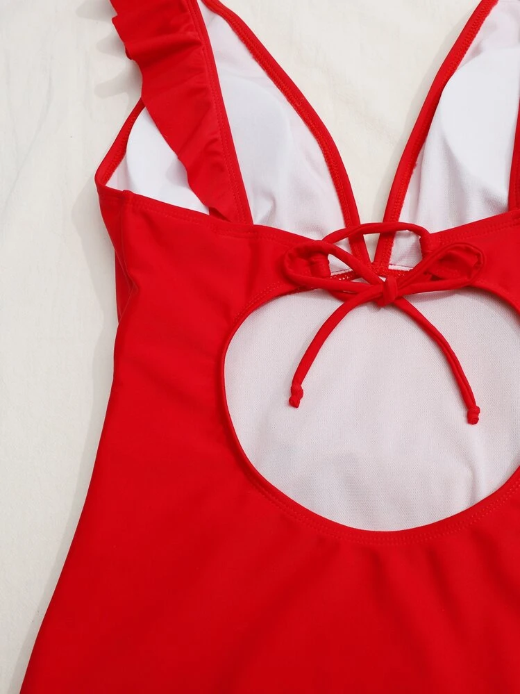 SHEIN Swim Summer Beach Ruffle Trim Cut Out Tie Back Ruched One Piece Swimsuit - Red - View 3